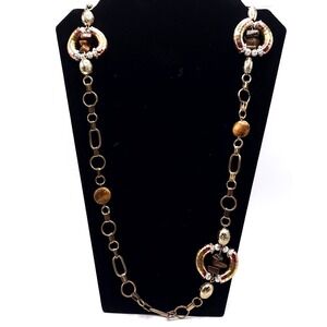 You & I Long Mixed Metal Statement Necklace Tiger Eye Style